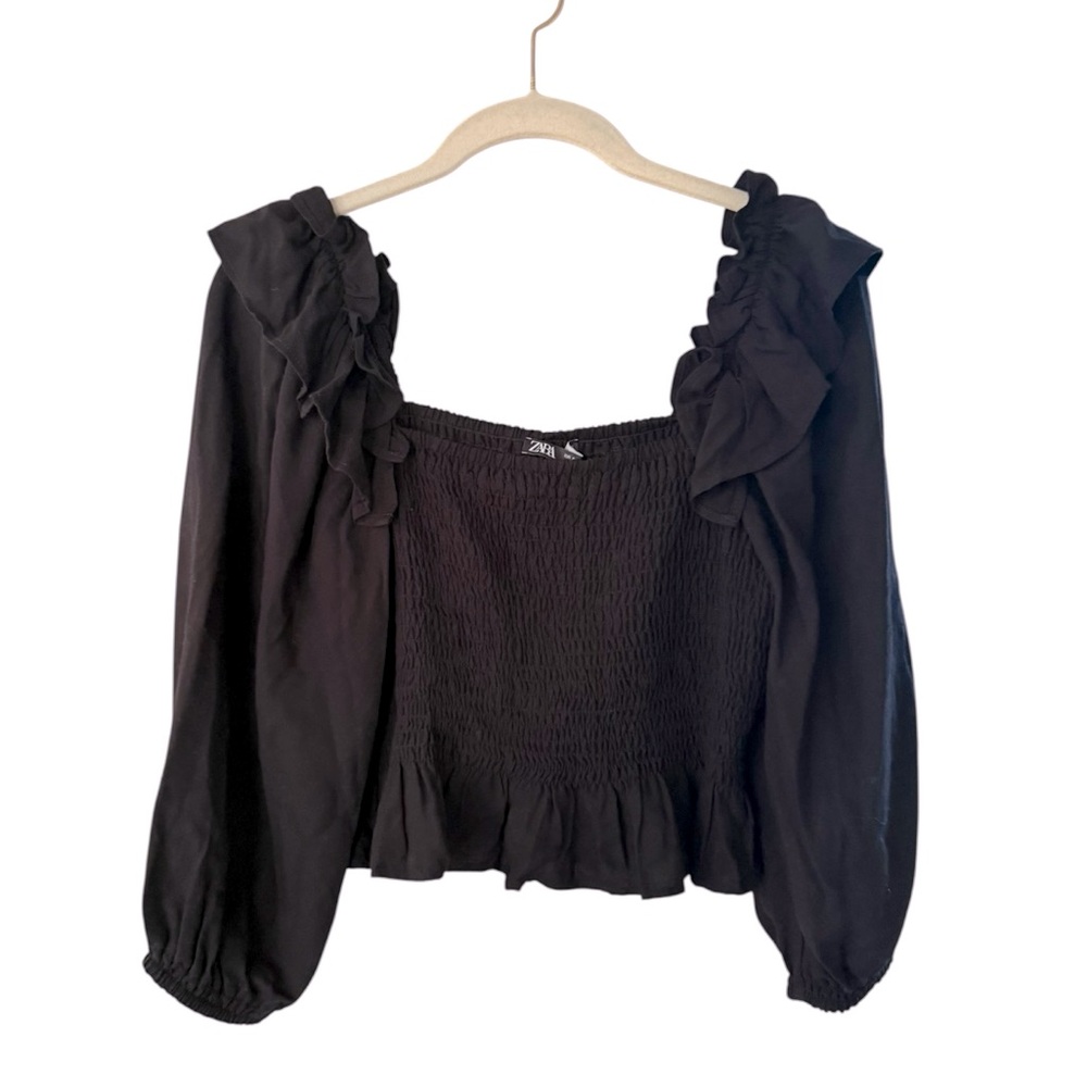 Zara Black Ruffled Puff Sleeve Smocked Blouse Size Small Romantic Fairy